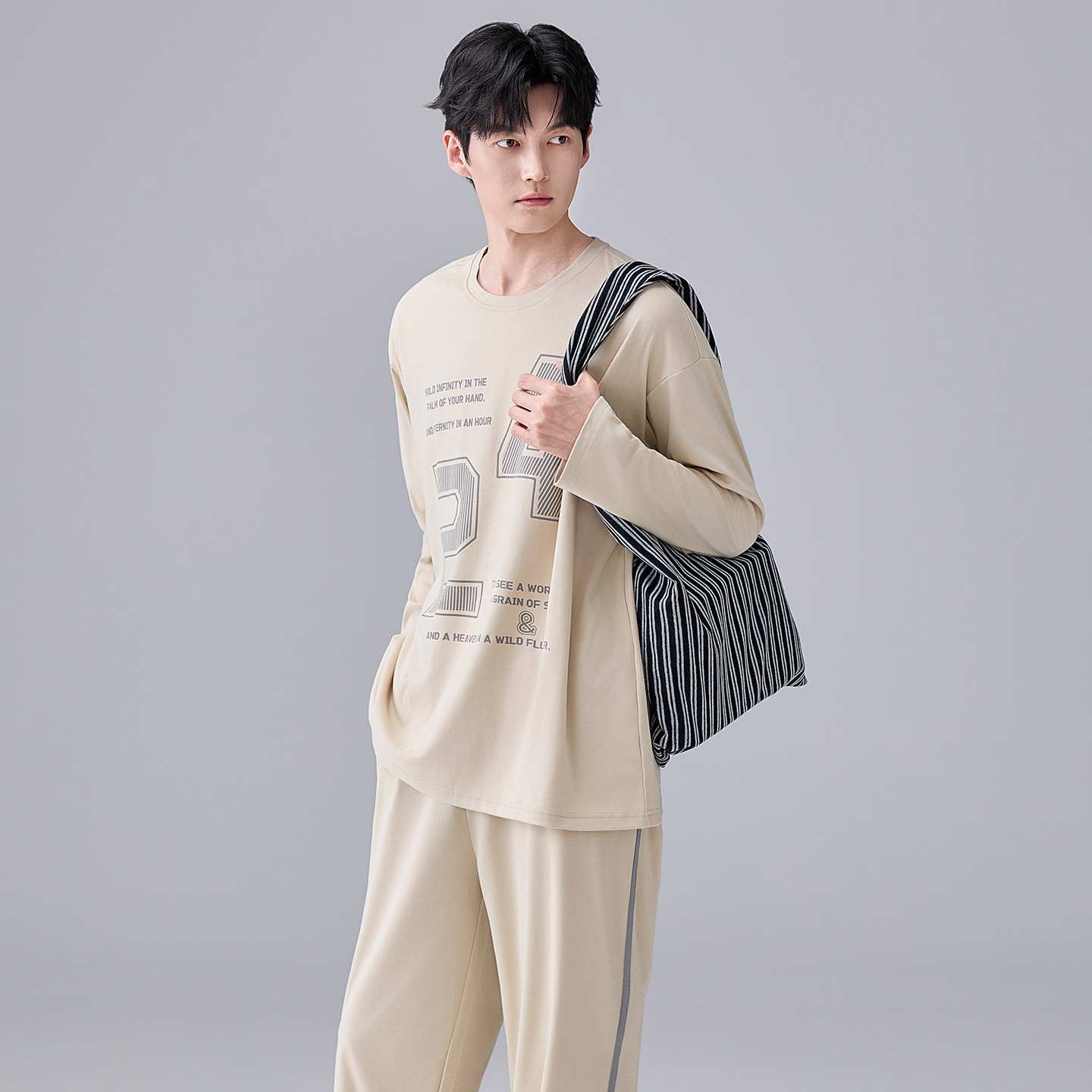 专柜品牌纯棉男士家居服春秋季新款运动风休闲打球长袖宽松睡衣套