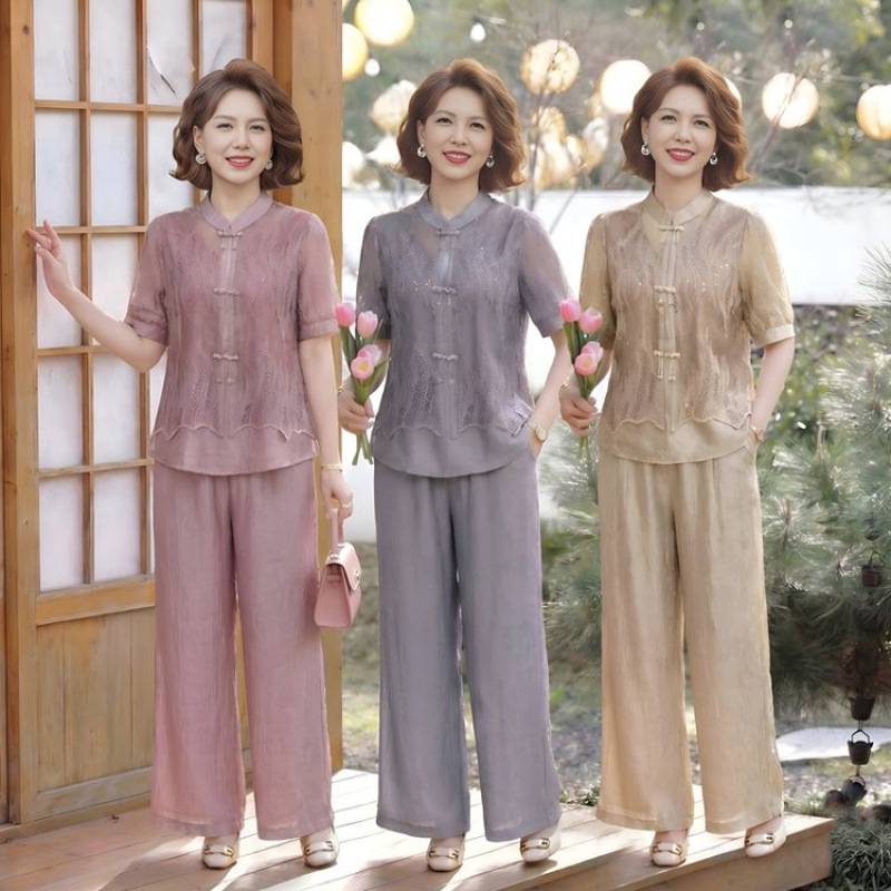专柜品牌母亲节夏装套装时尚气质上衣休闲女装新款裤子中年妈妈两