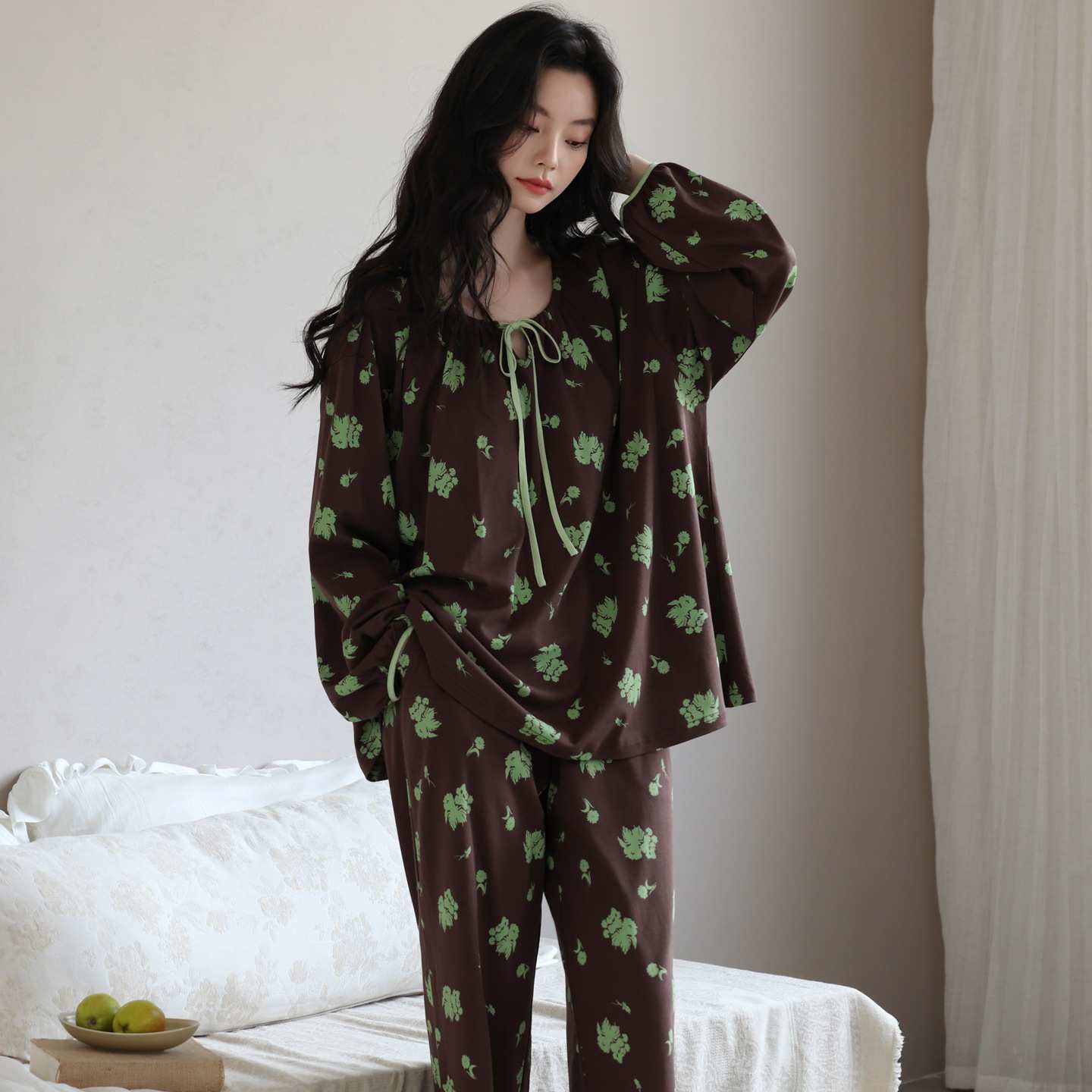 专柜品牌纯棉女款睡衣春秋可外穿宽松圆领套头长袖家居服妈妈贵妇