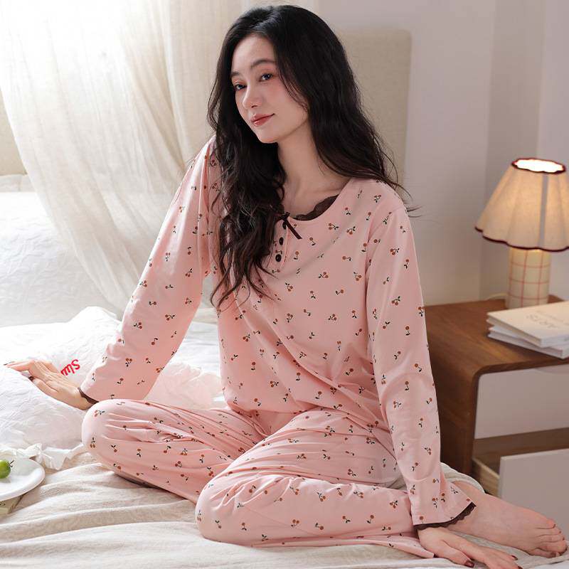 官方品牌2026年新款带胸垫睡衣女春秋季纯棉碎花长袖可外穿家居服