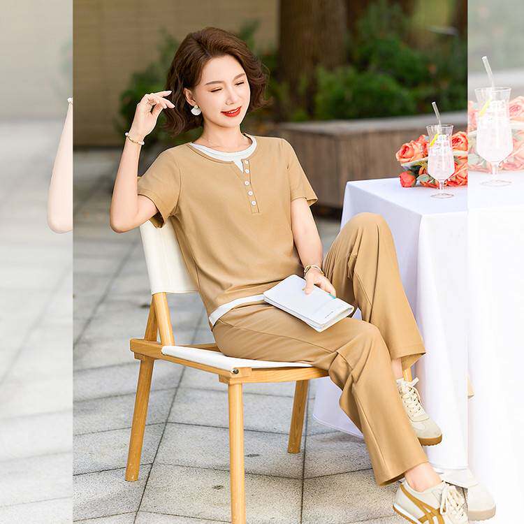 专柜品牌中年妈妈时尚运动服短袖T恤两件套女2026夏装新款阔太太