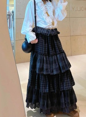 保真设计师买手店~OPENYY25秋季格纹拼接卷腰边设计多层蛋糕长裙