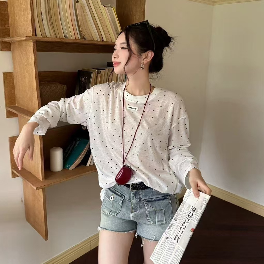 保真现货设计师~25夏欧阳丹小众设计师波点长袖松弛感面膜防晒t恤