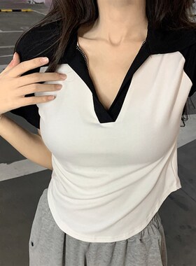 速发大码辣妹v领t领夏季上024新款撞色翻恤短款2衣