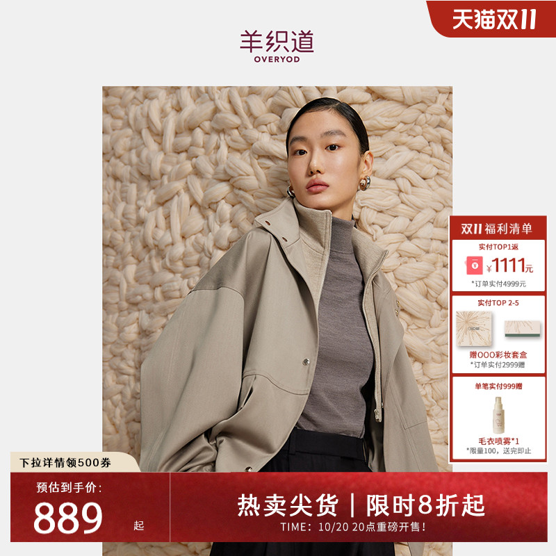 羊织道长袖立领短款风衣外套