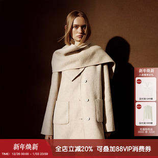 可拆卸围巾V领双面呢外套 中长款 羊织道可颂 丝驼羊毛大衣女冬季