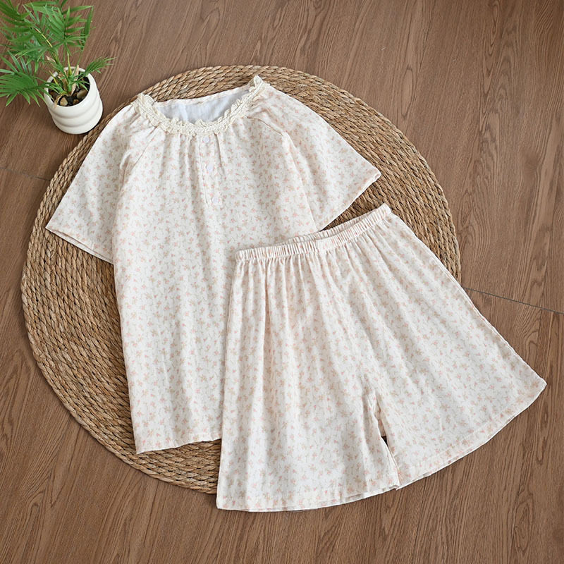 夏季薄款圆领套头小碎花蕾丝花边睡衣女款纯棉小清新柔软舒适家居