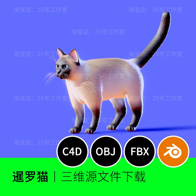 暹罗猫卡通Q版动物宠物猫咪3D模型blender建模C4D素材OBJ文件1749图片