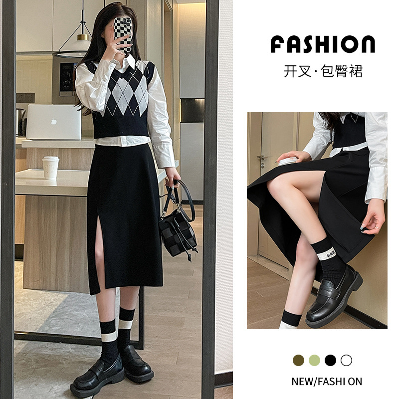 包臀裙高腰短裙女2025春夏新款裙显瘦百搭大码白色前开叉半身裙