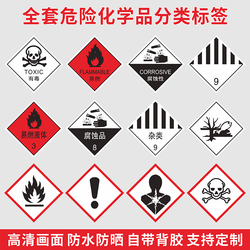 危险化学品分类不干胶标签有毒品3类酒精易燃液体9类杂类小号化学品标识贴纸腐蚀品刺激类化学试剂瓶标签定制