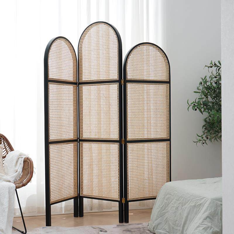 藤编手工日式折叠复古屏风隔断客厅实木真藤玄关卧室移动现代折屏