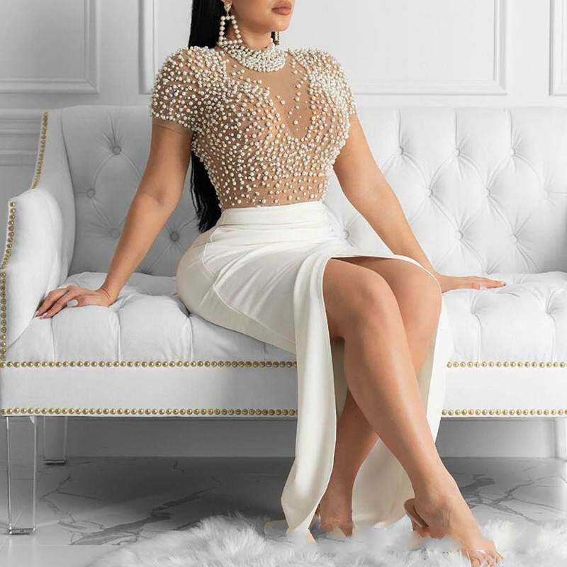性感透视薄纱钉珠开钗短袖礼服连衣裙Sexy see-through slit gown