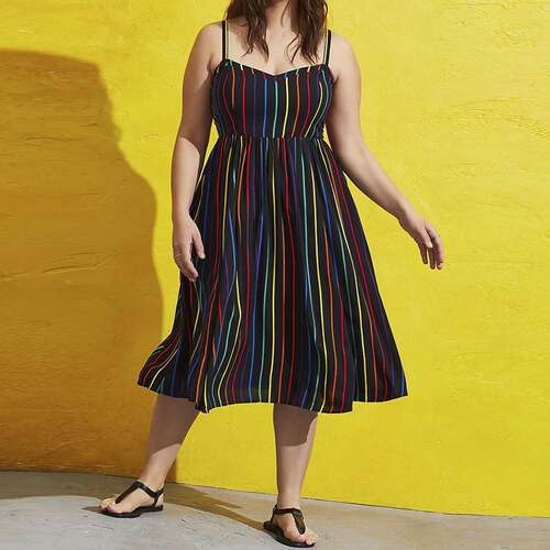 S-5XL Large Size Ladies Stripe Halter Dress大码条纹吊带女裙