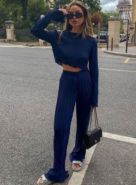 长袖T恤两件套修身蓝色百褶阔腿裤套装Two Pieces Sets trousers
