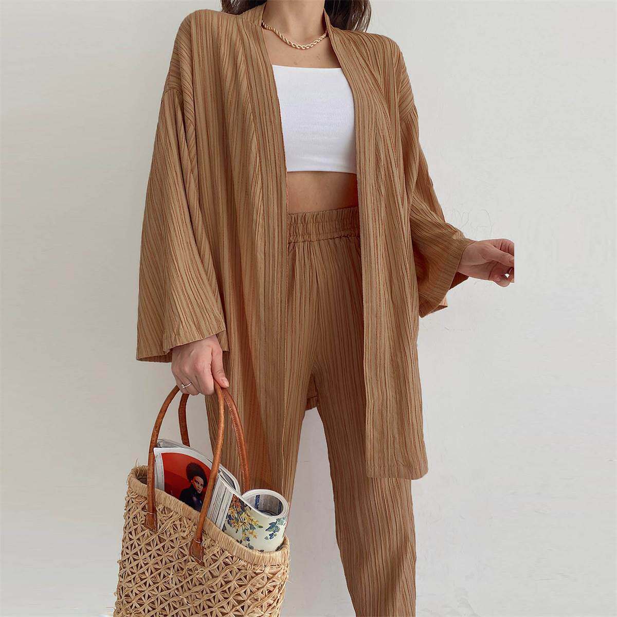 休闲套装欧美女长袖开衫上衣直筒裤两件套pants women shirt set
