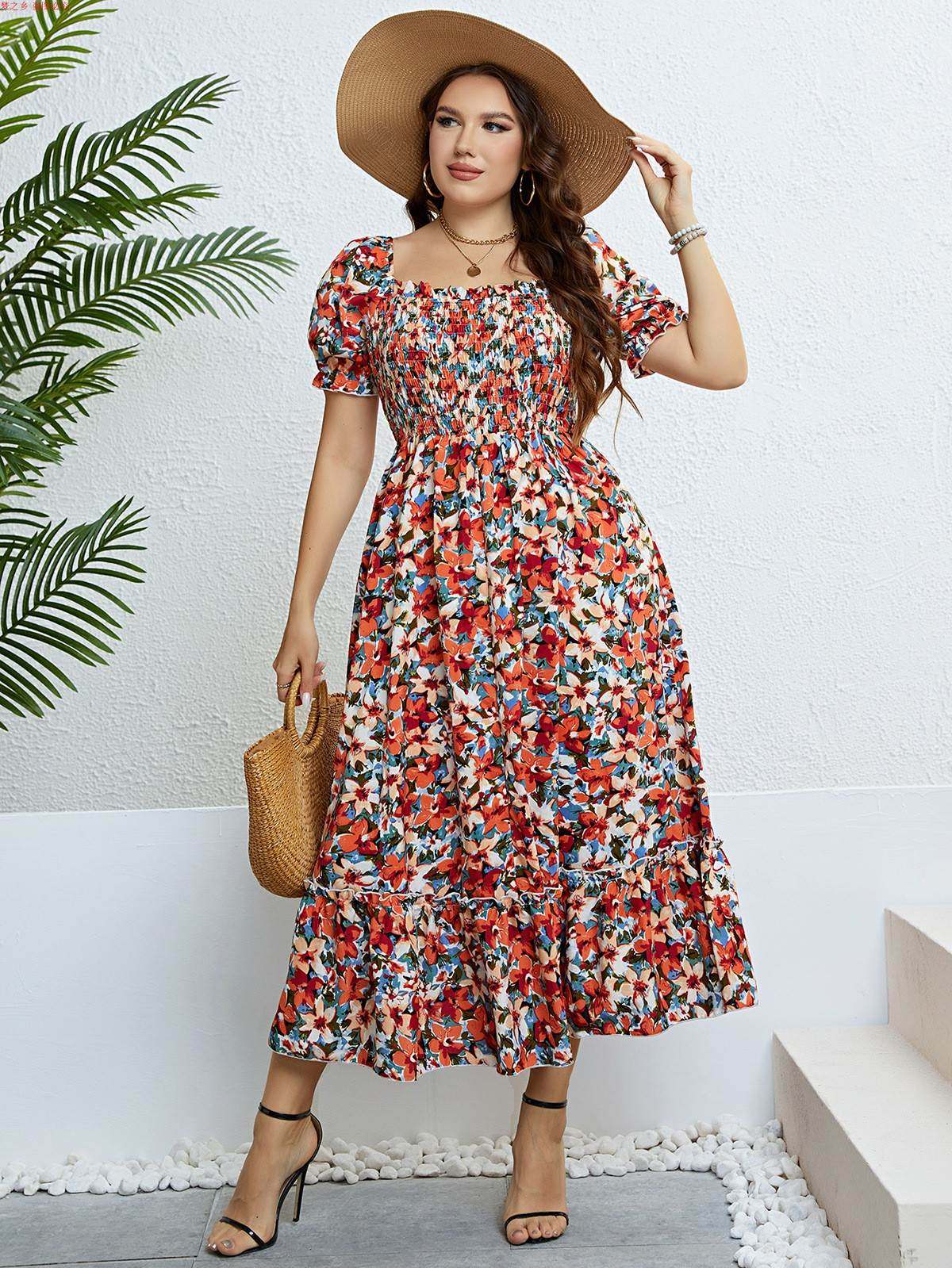 夏季碎花一字肩大码显瘦连衣裙 plus size summer floral dresses