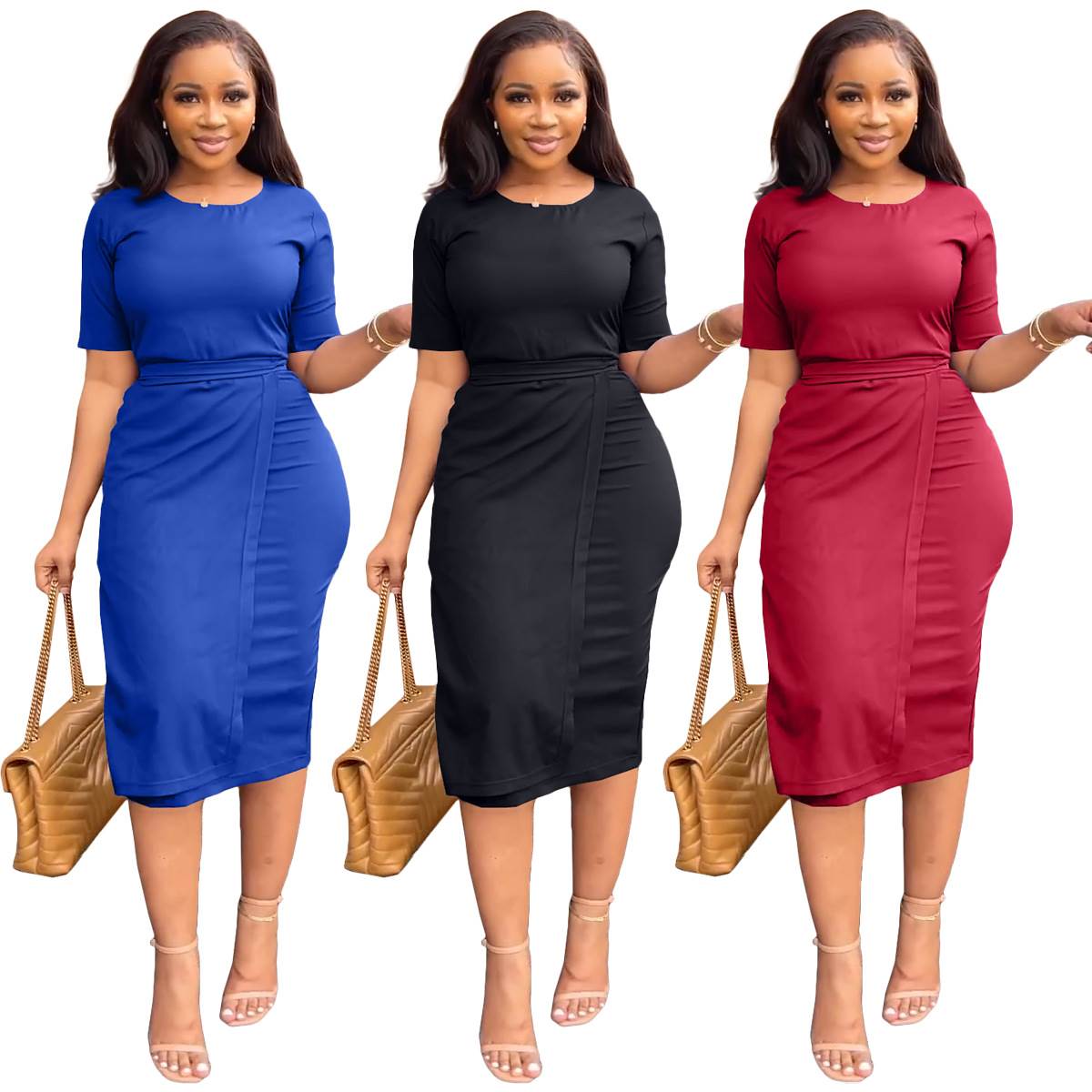 women casual dress 2023欧美女装春夏款时尚优雅圆领中袖连衣裙