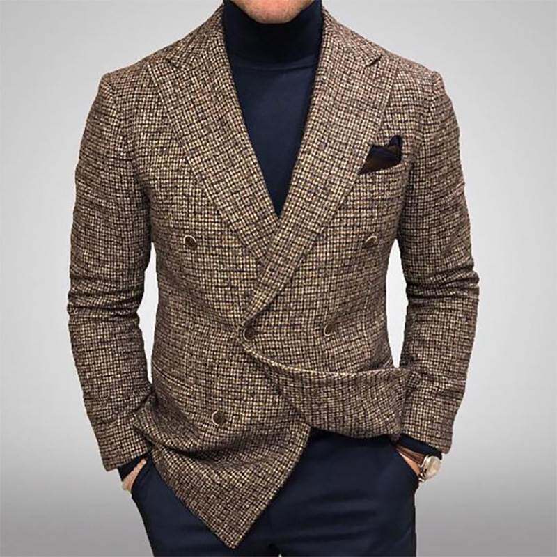 Plaid jacket men直筒外套休闲绿色青年单排扣西装领棉涤多口袋灰