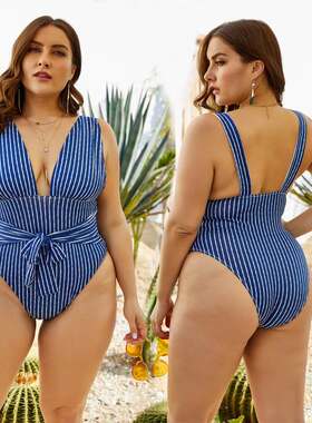 2023新欧美竖条纹显瘦三角连体游泳衣深V性感泳装Swimwear大码5XL