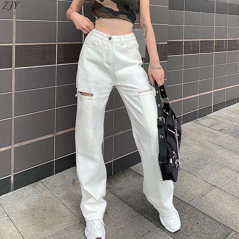 Women's trousers女新款高腰镂空牛仔裤2021韩版宽松显瘦直筒