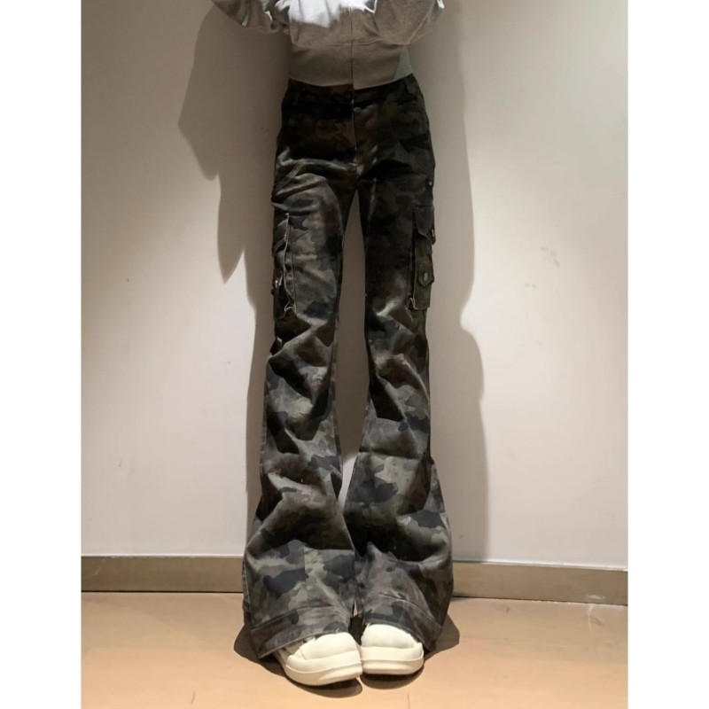 高个子加长美式迷彩多口袋工装牛仔裤女低腰修身显瘦微喇叭裤长裤