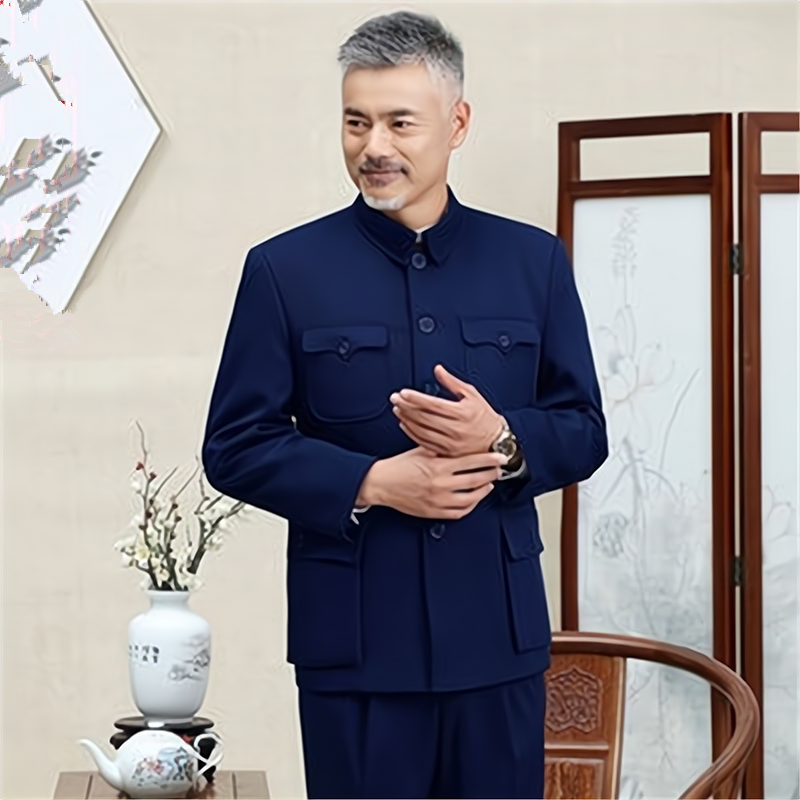中山装男套装中老年爸爸装中山服老年人爷爷装秋冬款加绒上衣唐装