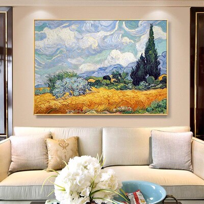 客厅背景墙餐厅挂画纯手绘油画梵高名画柏树与麦田玄关装饰画现代