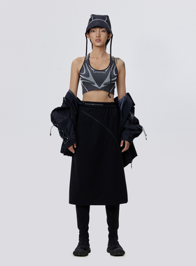 UPON PRO黑色不规则拉链设计时尚运动半身裙女中长款