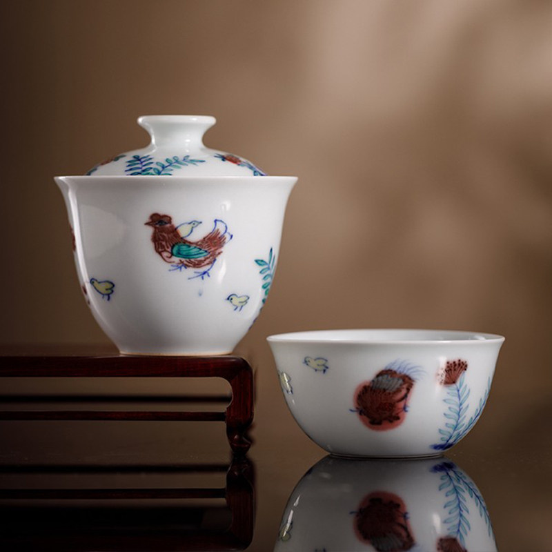 逸古藏器 非遗匠人手绘釉里红斗彩鸡缸杯 盖碗 茶具套组
