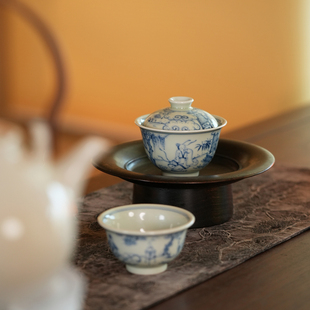 宛玉 致敬空白期青花携琴访友盖碗100ml/130ml盖碗压手杯茶杯套组
