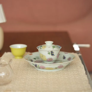 宛玉 青花加粉彩秋菊纹盖碗套组 不烫手/不挑茶的 盖碗 杯子 壶承