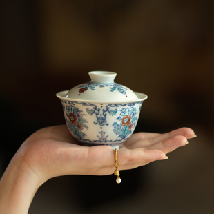 宛玉 雍正斗彩忍冬团花纹盖碗 薄胎主人杯  撇口不烫手盖碗 130ml