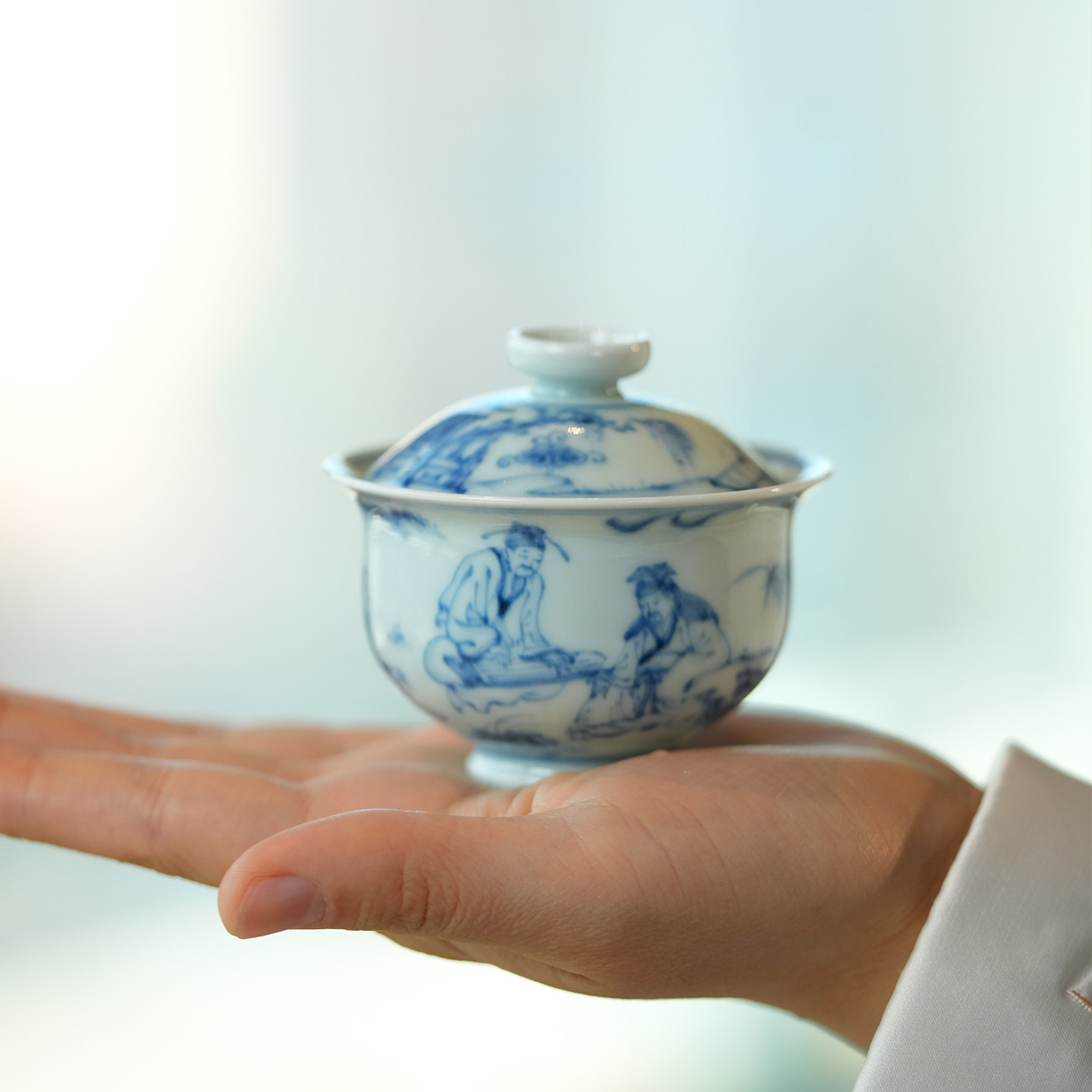 宛玉 致敬空白期青花人物抚琴图 元宝盖碗 主人杯套组100ml小盖碗