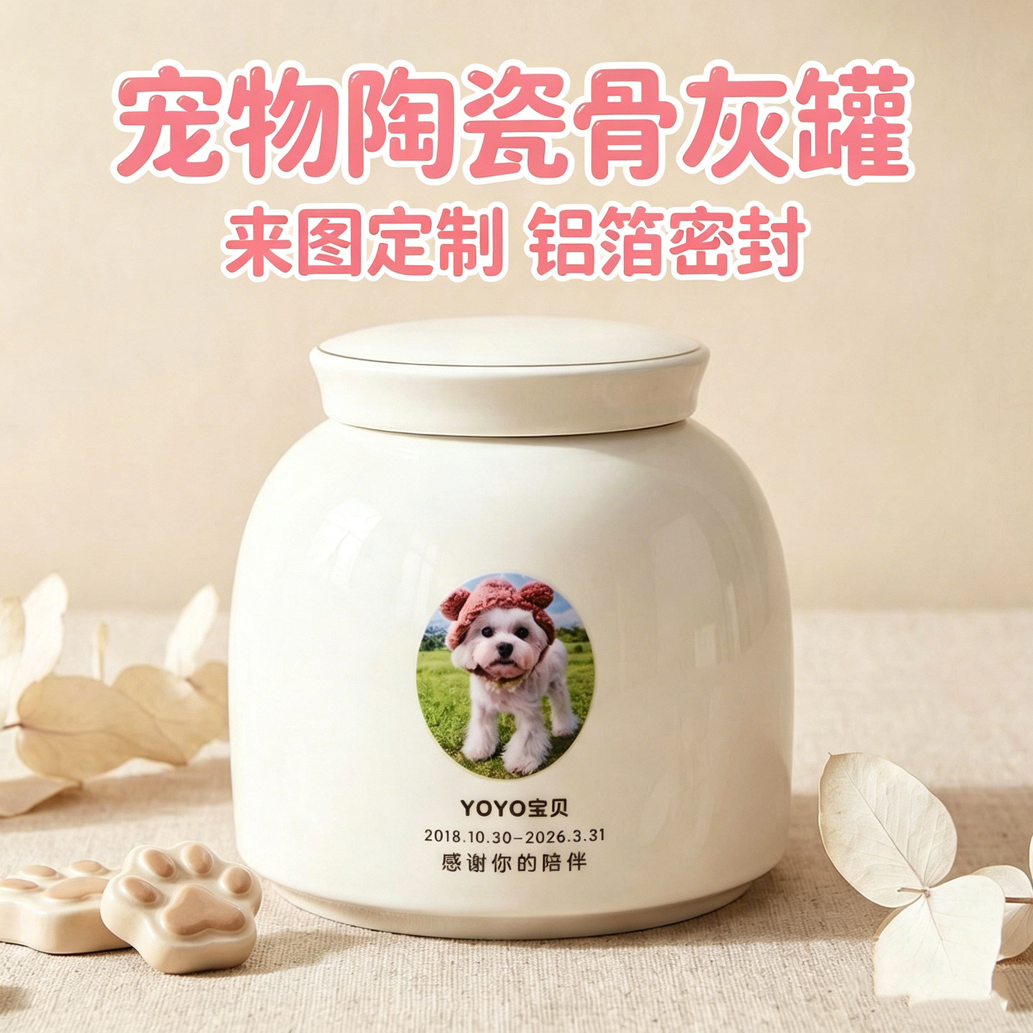 宠物骨灰罐陶瓷照片来图定制离去世纪念猫狗火化殡葬用品防潮盒子