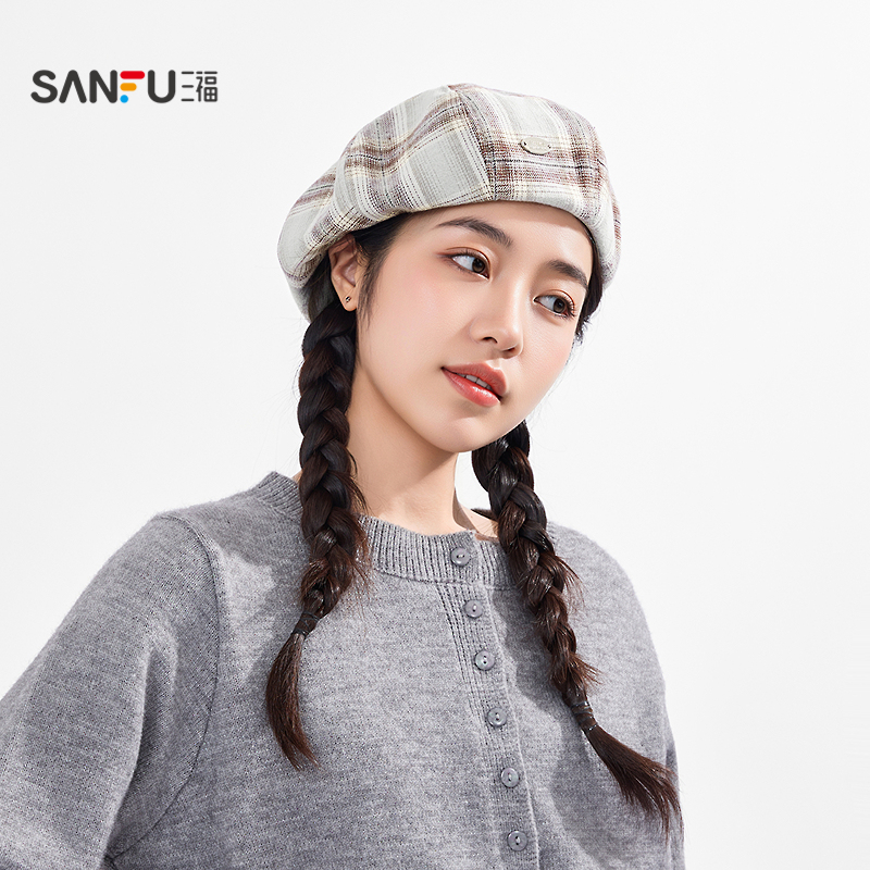 三福椭圆标学院风贝雷帽 复古淑女造型服饰配饰帽子846493