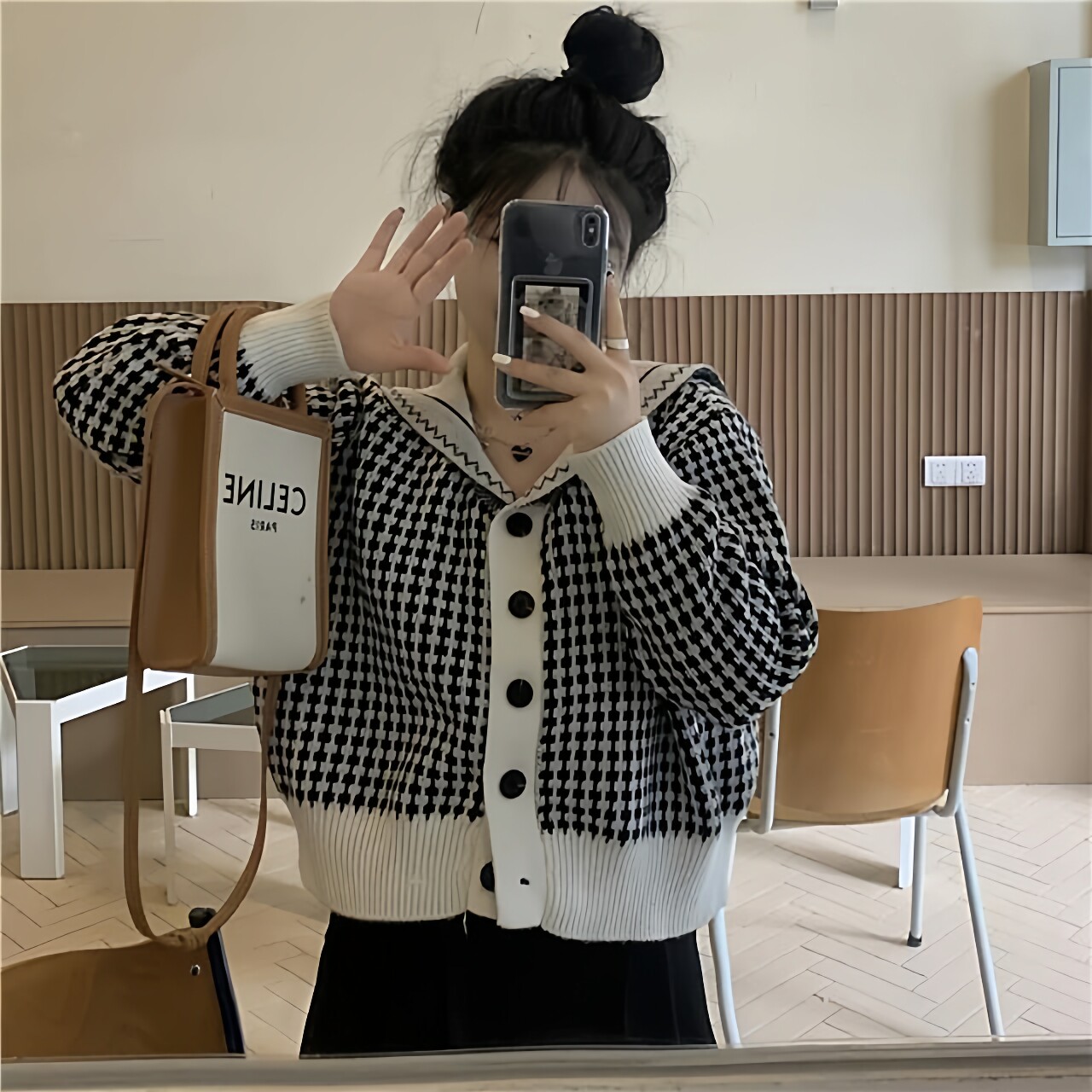 2026新款韩版宽松慵懒风毛衣女百搭休闲开衫海军领棋盘格子纹毛衣