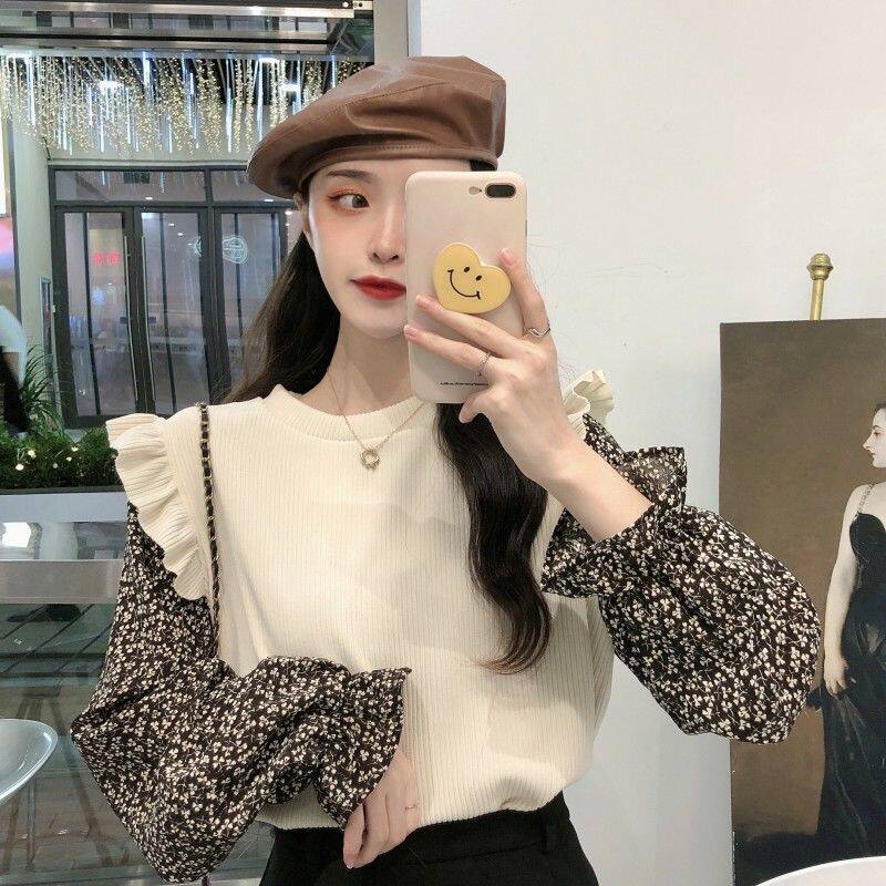 碎花假两件泡泡袖衬衫女秋冬chic港味复古针织衫宽松显瘦短款上衣