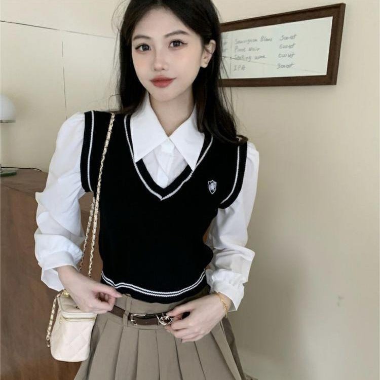 学院风polo领短款上衣女春秋季新款学生装马甲衬衫假两件拼接长袖
