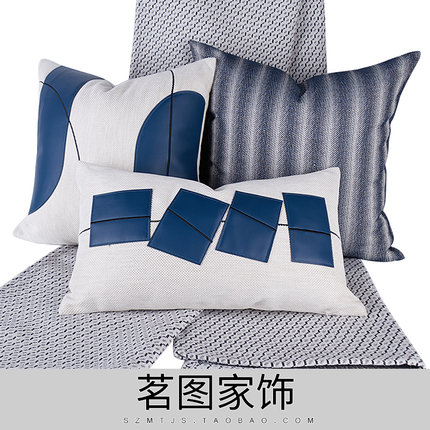 现代简约蓝色皮抱枕皮布拼接刺绣靠包样板房沙发飘窗组合抱枕靠垫