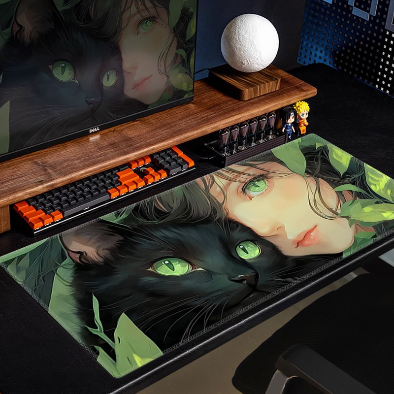 动漫鼠标垫超大猫咪女孩绿色卡通桌垫键盘护腕电脑垫电竞办公滑鼠