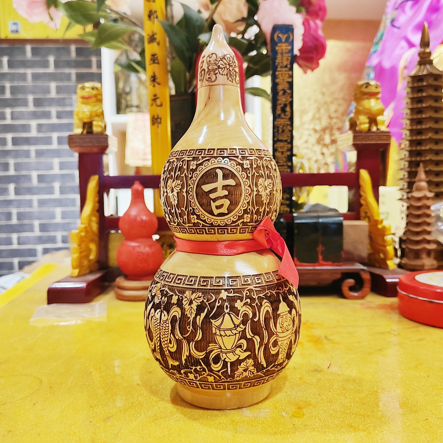 桃木葫芦摆件吉祥如意大号家居摆件空心有盖手工木雕商铺公司前台