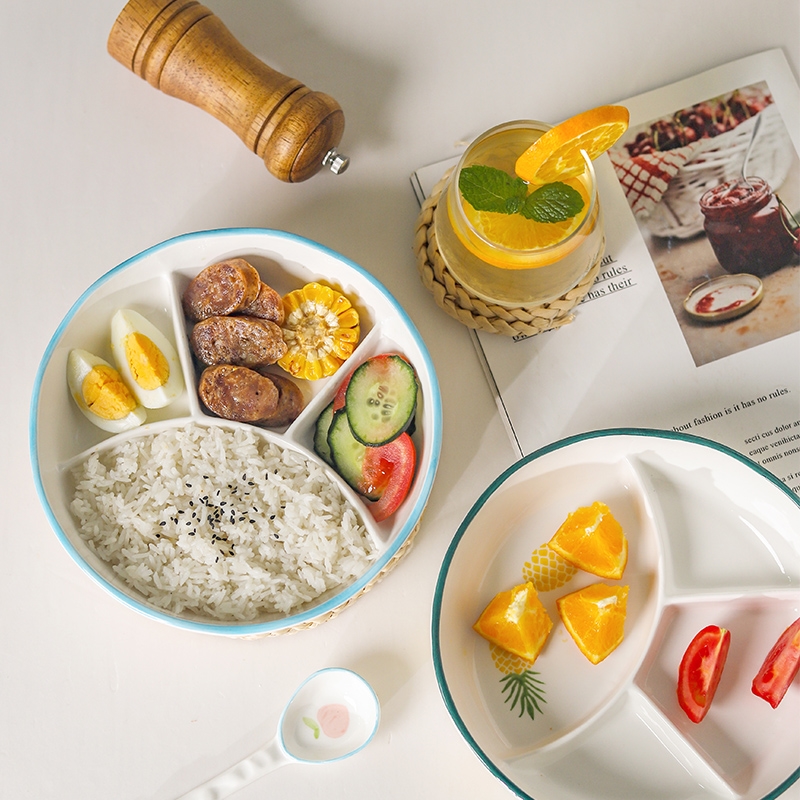 分餐碗陶瓷四隔盘餐盘釉下彩分格蒸盘加深格盘菜盘分隔饭盘带盖盘