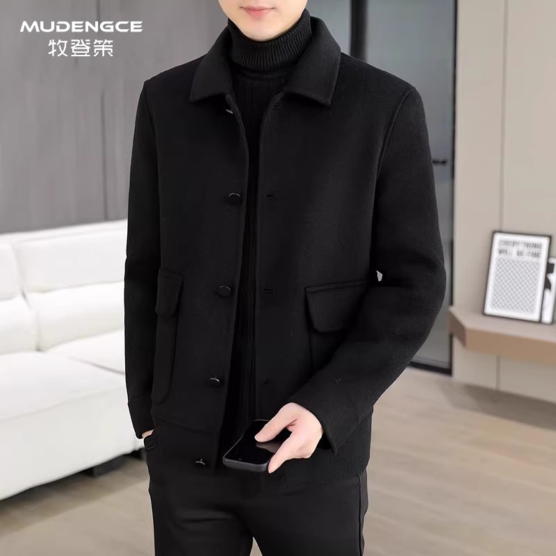 复合黑色翻领夹克男士新款修身商务风秋冬厚款宽松休闲西装外套