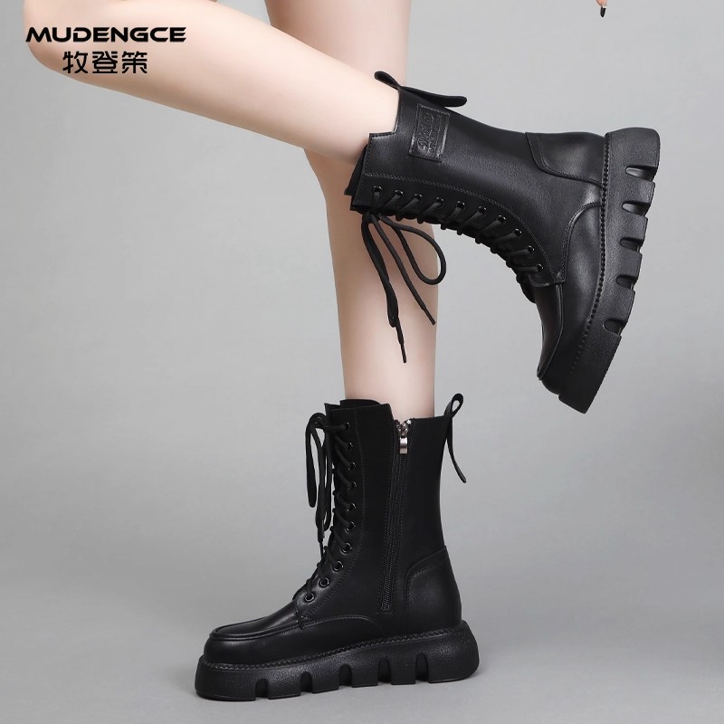 厚底保暖马丁靴女新款英伦风中筒加绒防滑棉靴复古系带时尚高帮靴,女鞋,马丁靴,淘宝优惠券,粉丝福利购,淘宝优惠卷