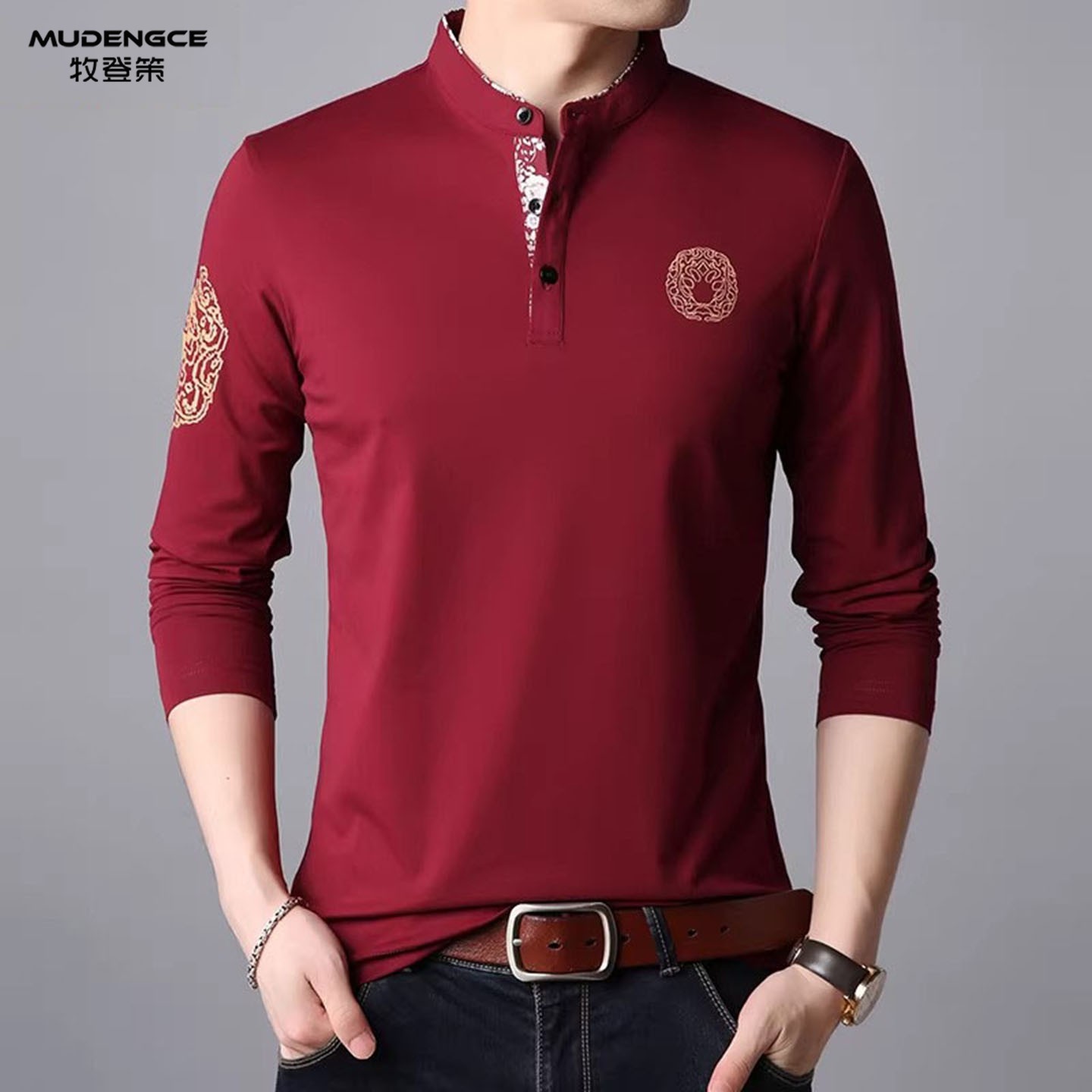 本命年红色长袖T恤男2026新款刺绣立领打底衫修身商务休闲上衣