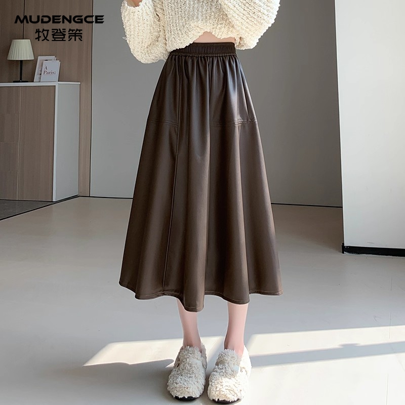 韩系复古咖色半身裙女高腰pu皮