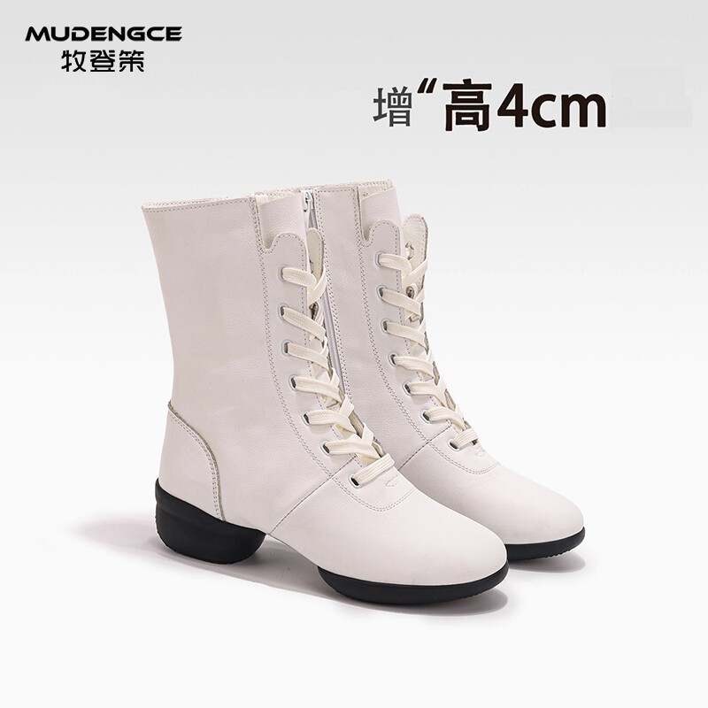 白色软底增高4cm马丁靴女舒适休闲中筒靴显脚小系带高帮瘦瘦靴