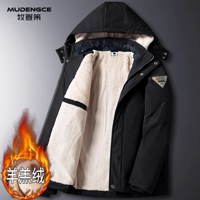 男士仿羊羔绒棉衣2025新款多口袋加绒加厚户外防风连帽保暖棉袄男