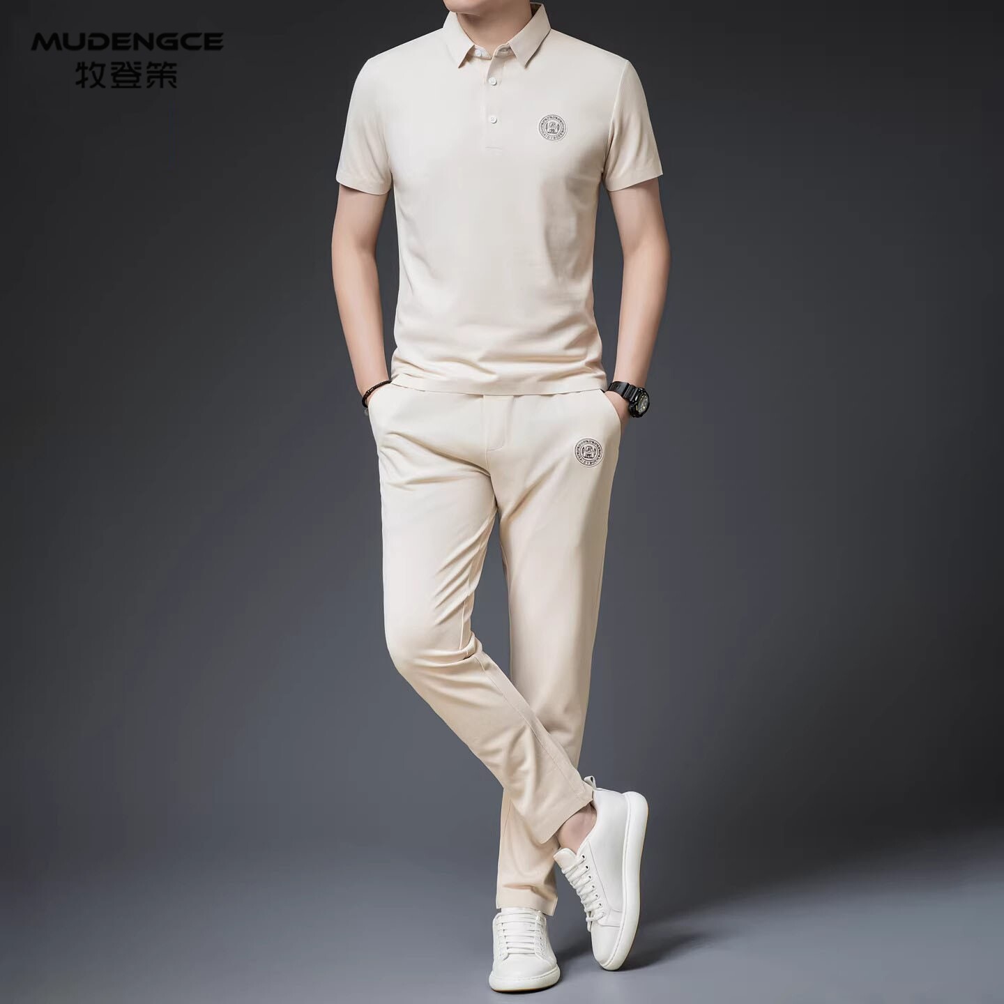 冰丝运动休闲套装男士夏季薄款短袖POLO衫直筒翻领透气长裤两件套