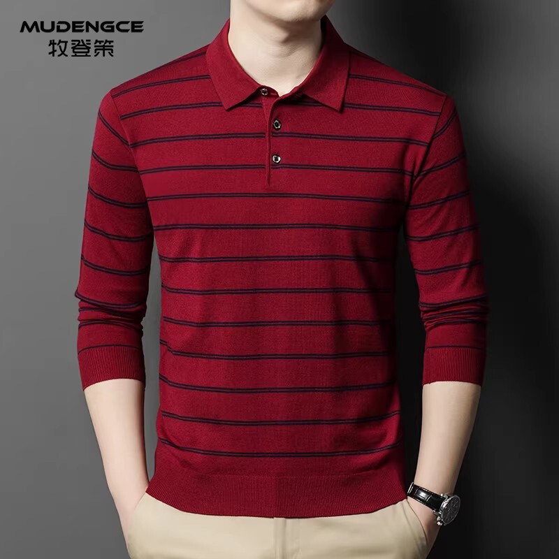 本命年红色条纹翻领针织衫男士春秋款中年商务休闲风长袖POLO衫